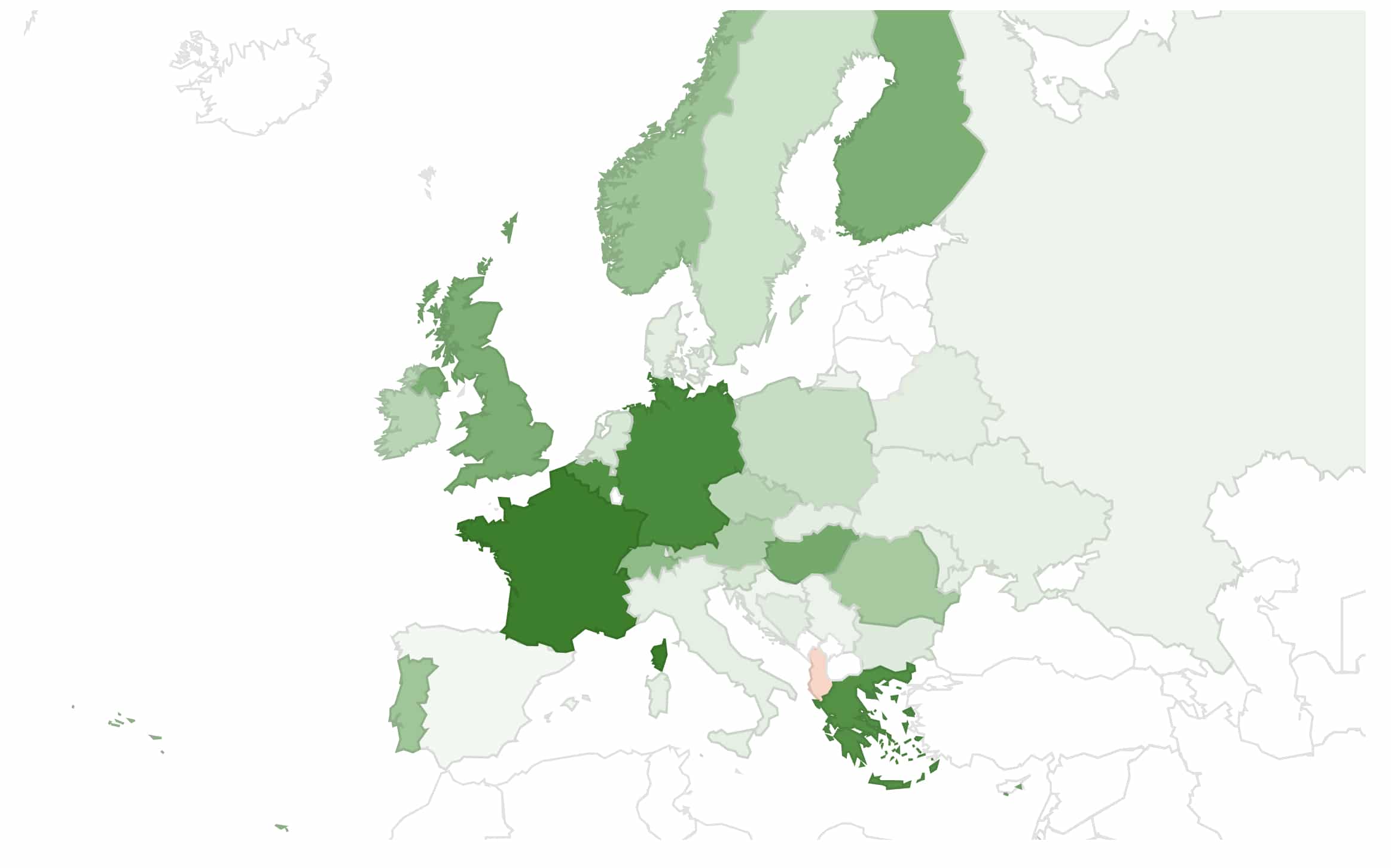 Wykres światowej adopcji IPv6 na mapie Europy, im ciemniejszy kolor tym większa adopcja w danym kraju