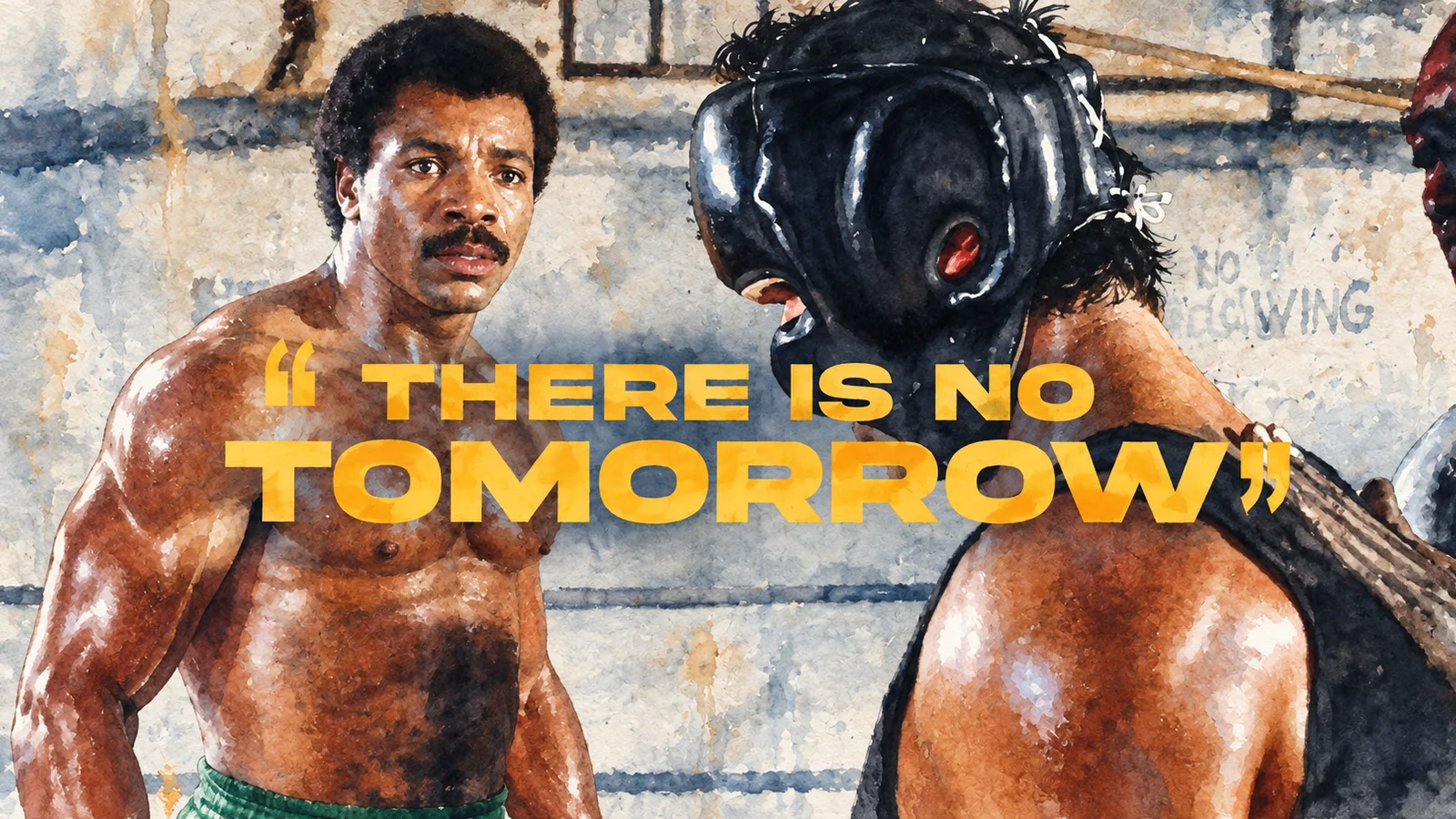 Ilustracja tuszem i akwarelą: Kadr z filmu: trening bokserski i napis „There is no tomorrow”