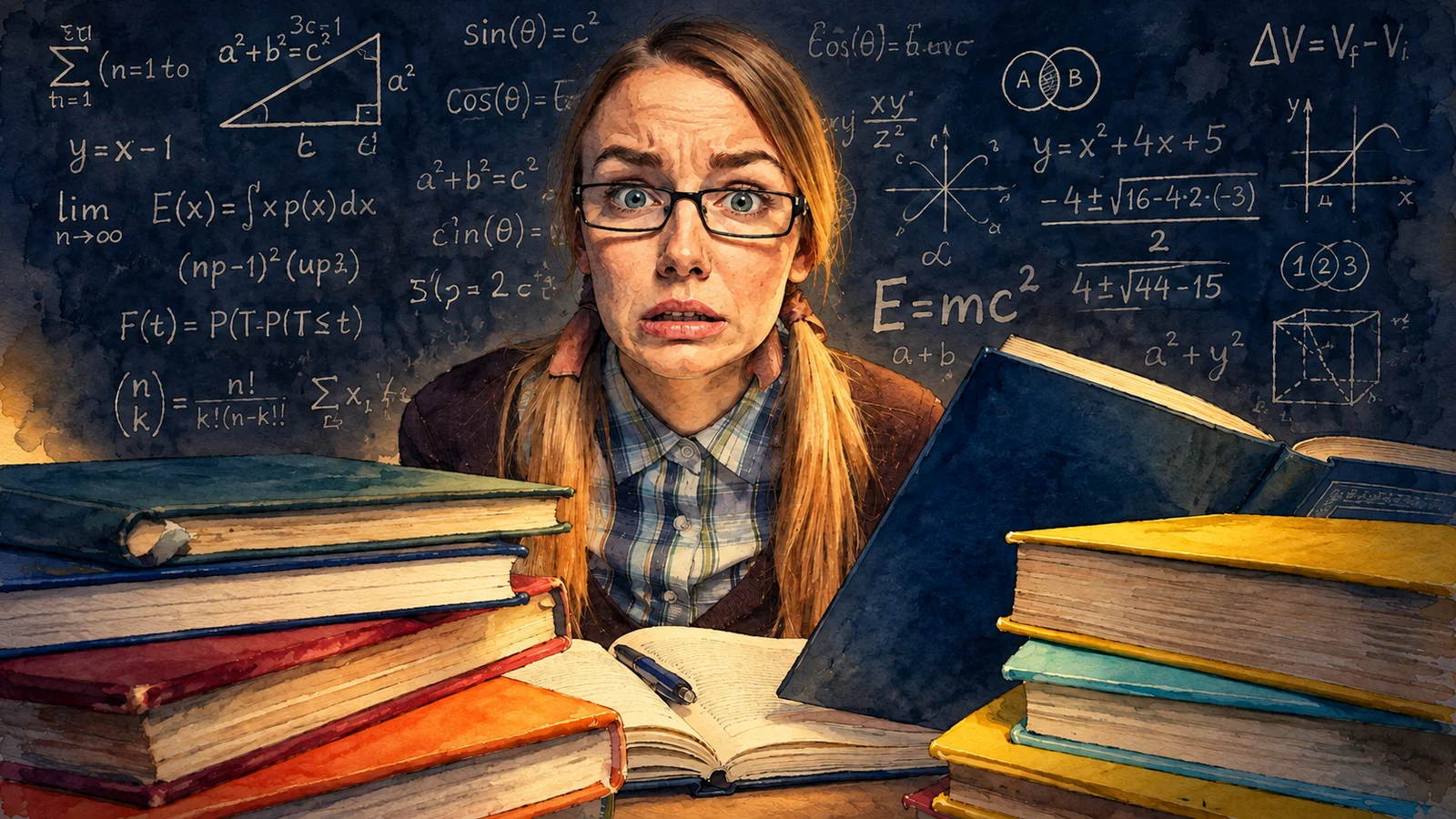 Ilustracja tuszem i akwarelą: studentka w okularach wśród książek na tle tablicy z równaniami