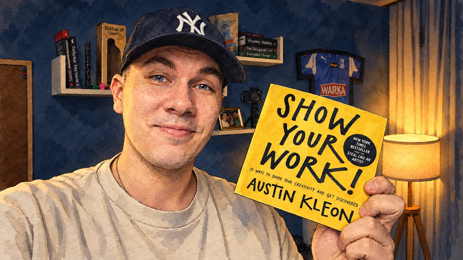 Ilustracja tuszem i akwarelą: Damian z książką „Show Your Work!” Austina Kleona