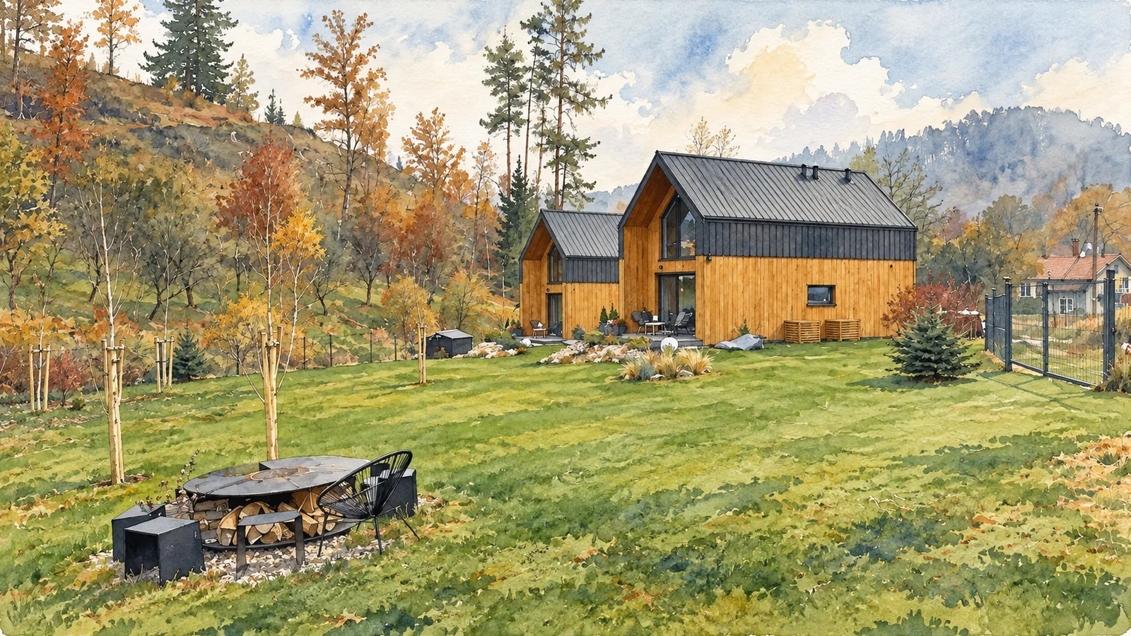 Ilustracja tuszem i akwarelą: Domki w Kudowie-Zdroju, wśród drzew i jesiennych wzgórz